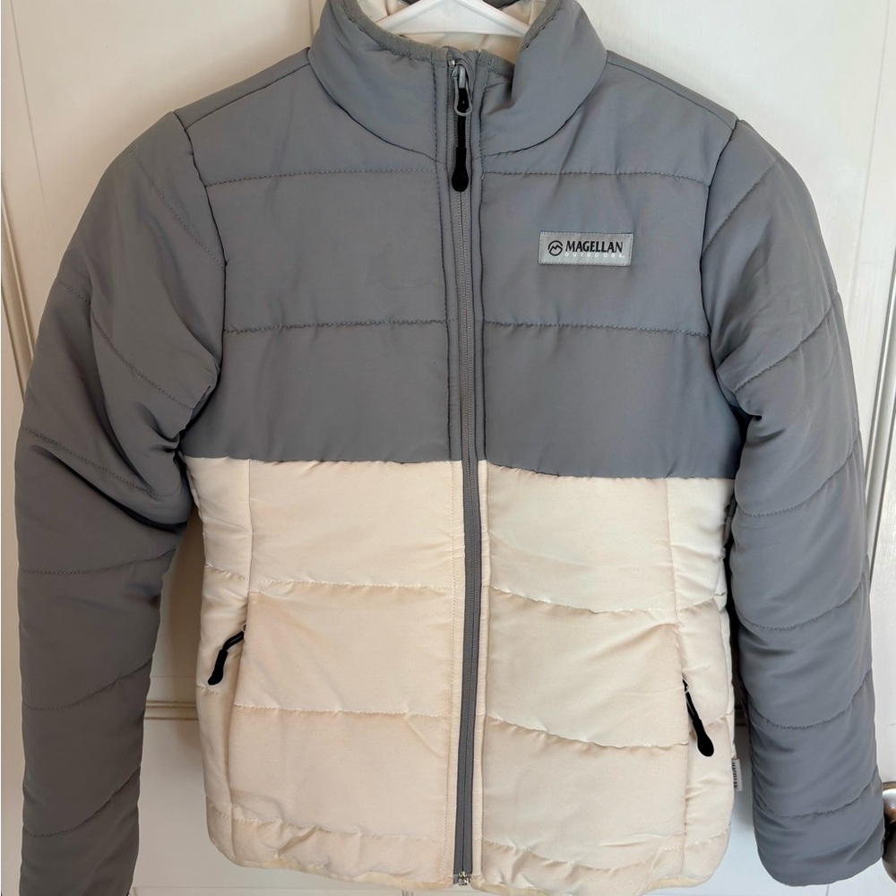 Girls Magellan Puffer Coat - Gray/Cream - Girls Size Medium (8-10)